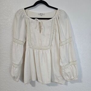 Madewell Cream Lace Trim Pintuck Peasant Blouse Long Sleeve Tie Neck Top L Boho
